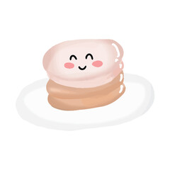 watercolor kawaii cartoon bread, croissant, pancakes, burger, coffee, cupcakes