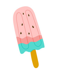 Flat refreshing fruit ice cream on stick in colors of watermelon. Summer vacation vector illustration isolated on white background. Good for decoration, stickers and logo