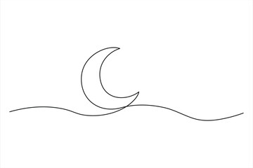 Continuous one line drawing of moon icon. Crescent moon for Ramadan isolated on white background outline vector art illustration