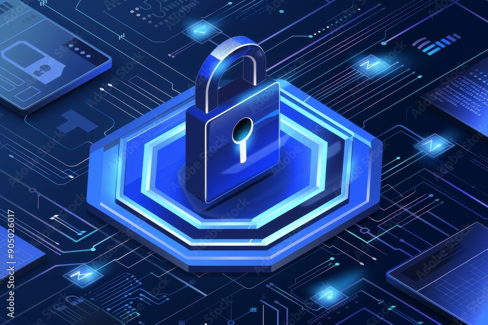 Poster digital blue padlock on a cybernetic background signifies advanced network security and data protect