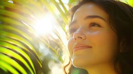 Fototapeta premium Young Woman Smiling in Sunlight Through Lush Green Leaves, Radiant and Serene Expression in Nature