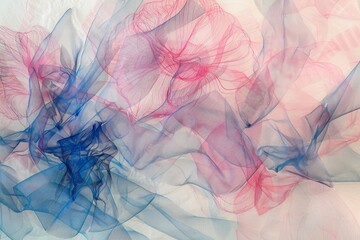 Blue and pink flowers painted on a white surface with intricate details and soft colors, Gossamer threads of pink and blue ink weaving and overlapping in a intricate tapestry