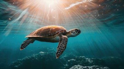 Obraz premium A sea turtle is swimming in the ocean, with sunlight shining down on it