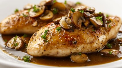 A plate of roasted chicken breast topped with truffle mushrooms and a rich gravy, on a white background.