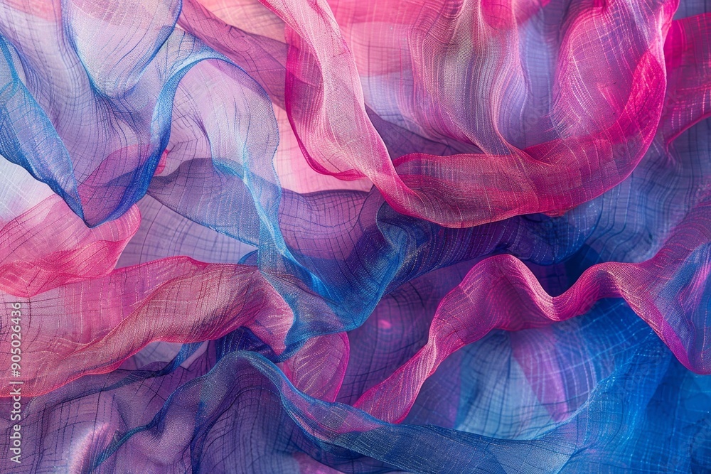 Poster detailed view of intertwining gossamer threads in shades of blue and pink fabric, creating a texture