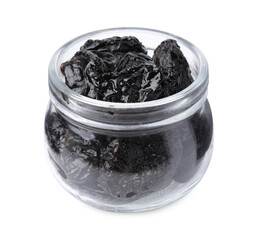 Tasty dried plums (prunes) in glass jar on white background