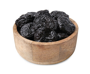 Tasty dried plums (prunes) in wooden bowl on white background