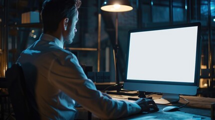 A person sitting at a desk with a computer, ideal for office or work-related projects