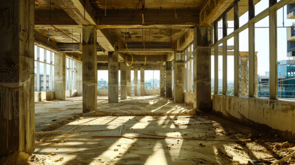 A large empty building with many windows and a lot of space. The building is in disrepair and is being demolished. Construction concept.