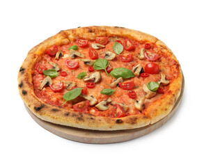 Delicious pizza with tomatoes, mushrooms and basil isolated on white