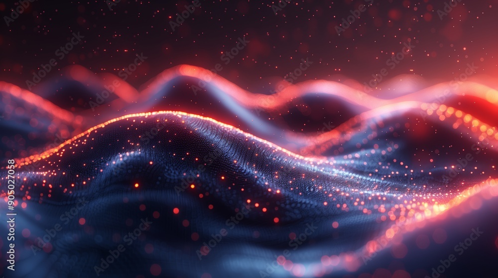 Poster surreal waves of light and color flowing across a dark background at dusk