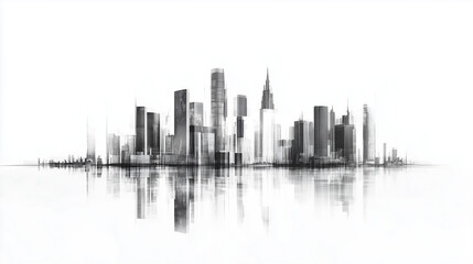 skyline with reflection, abstract city skyline, modern city landscape, black and white
