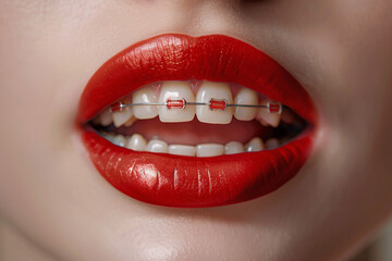 Fototapeta premium AI generated close up photo of aesthetic bright white smile red lips