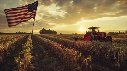 Farmers in a field, with an American flag mounted on a tractor, celebrating Labor Day harvest.