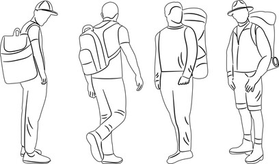 men with backpacks, sketch, outline, on a white background vector