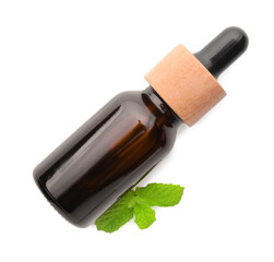 Bottle of essential oil and mint isolated on white, top view