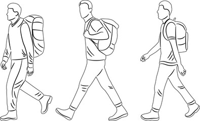 men walking with backpacks, sketch, contour, on a white background vector
