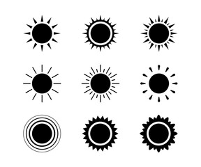 Black silhouette sun icon set, sunshine and solar glow. Decorative circle sun and sunlight. Hot solar energy for tan. Vector illustration