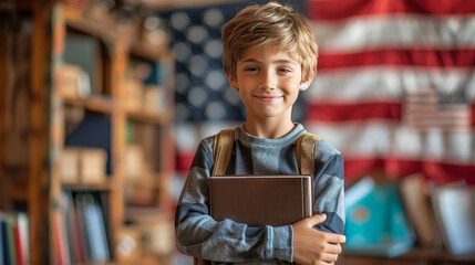 Portrait of a cheerful schoolboy holding books, standing in front of the American flag