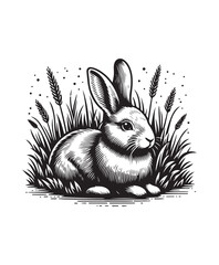 Rabbit  in grass vector style, black and white color