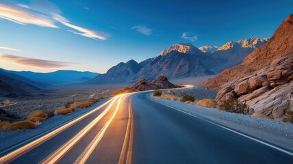 Long exposure of a deserted desert road at night with a car's headlights illuminating the path.