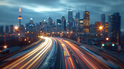 Fototapeta premium Cityscape at night with light trails of vehicles on a multi-lane highway.