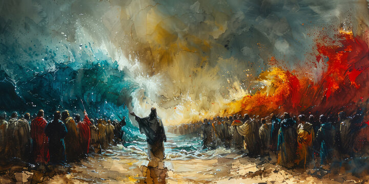 Watercolor depiction of the parting of the Red Sea, Moses outstretched arm, waves crashing, vibrant blues and reds.
