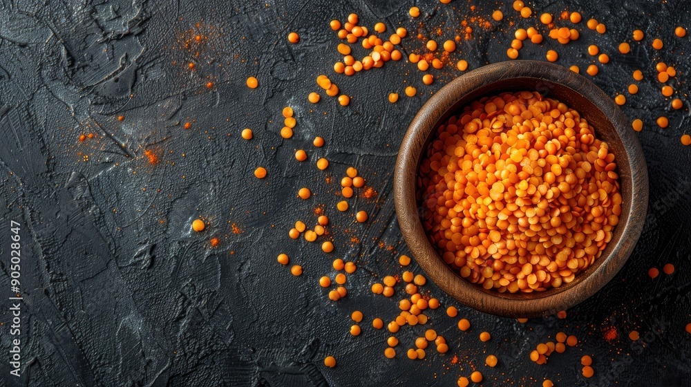 Poster Red lentils arranged in a bowl on a dark surface