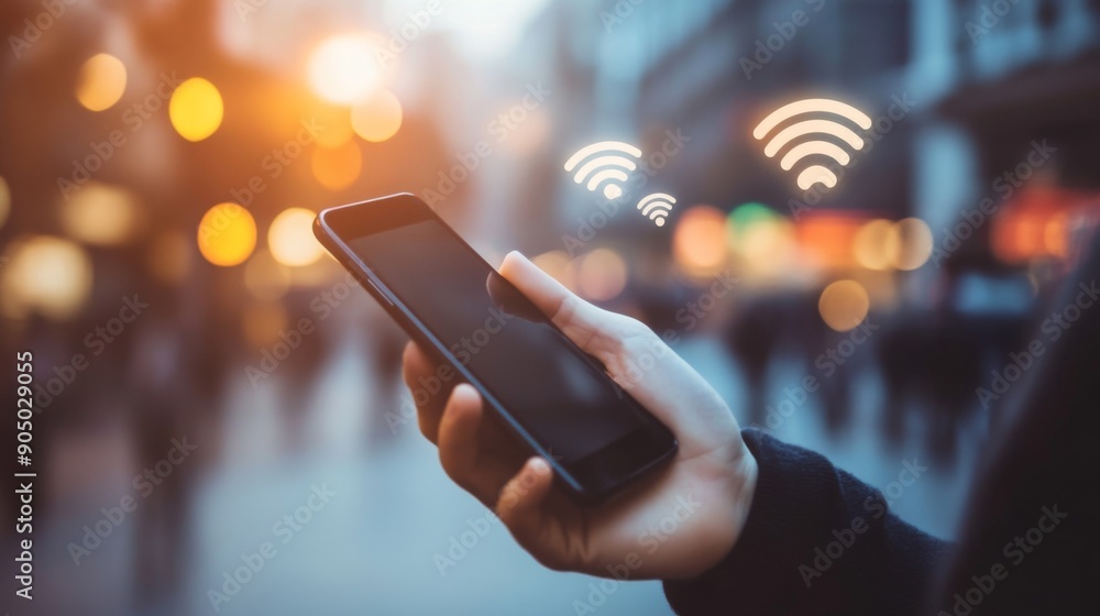 Poster a smartphone in hand, with wi-fi signal strength icons floating around it.