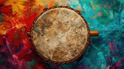 Native American style shaman frame drum with goat skin on colorful abstract paper landscape