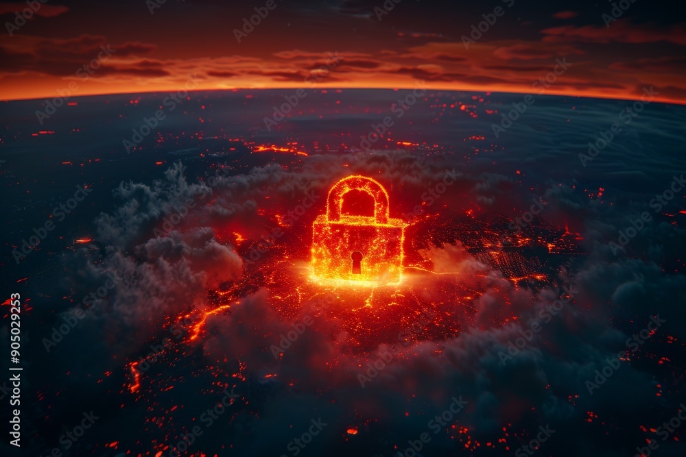 Poster apocalyptic digital landscape with a glowing red padlock signifying the ultimate security amidst cha