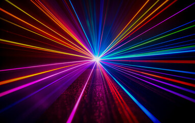 Futuristic background with colorful laser beams, radiant center, and vibrant lights, featuring digital art,