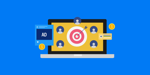 Social media advertising and search marketing campaign targeting customer with re-marketing ads technology, driven by AI suggestion, vector illustration.
