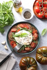 Delicious fresh burrata salad in bowl served on light gray textured table, flat lay