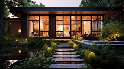 Modern House with a Pond and Garden