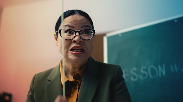 Irritated school teacher shouting at students and waving a pointer, humor