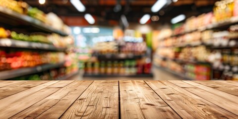 A Fresh Produce Aisle in a Supermarket Featuring a Beautiful Wooden Table Displaying Fresh Goods