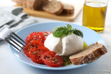 Delicious burrata cheese, tomatoes, basil and bread on white table, closeup