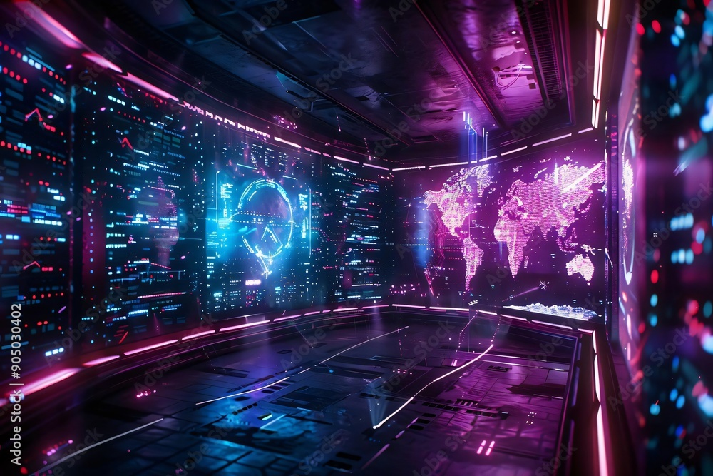 Poster futuristic control room with glowing screens displaying digital data and a world map in vibrant neon