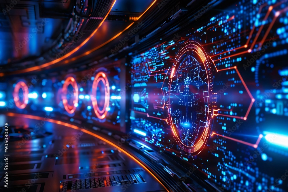 Poster futuristic digital interface with vibrant colors, showcasing advanced technology and complex data vi