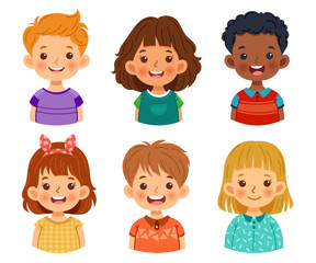 Collection of happy and cheerful children. Cute faces of different nationalities boys and girls.