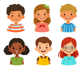 The faces of cute children have unique hairstyles and costumes representing different races and cultures