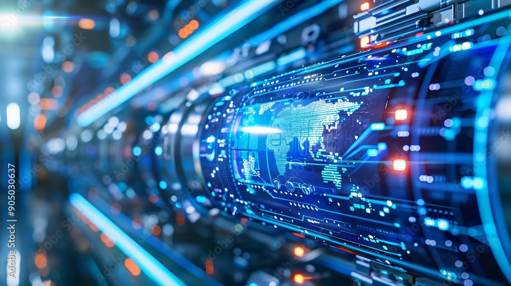 Poster futuristic technology scene depicting data flow and global connectivity within a digital environment
