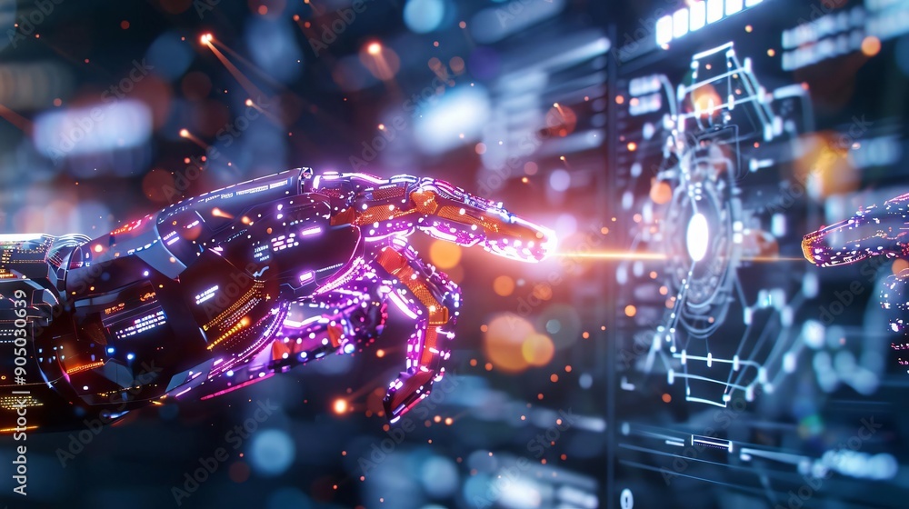 Poster a futuristic robotic hand reaches out to interact with a glowing digital interface, symbolizing adva