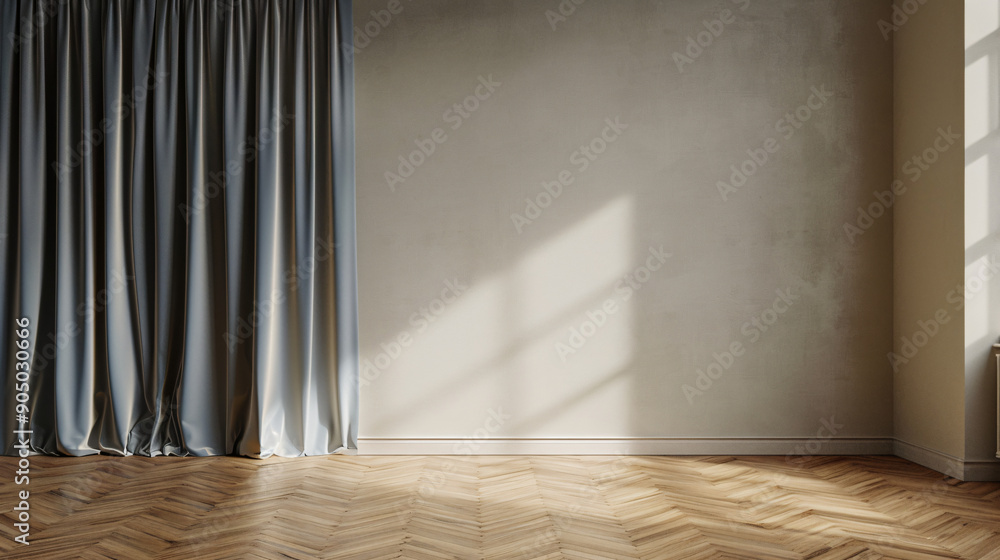 Poster sunlight is casting shadows on an empty room with curtains and a hardwood floor