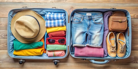 Packed suitcase with clothes, toiletries and accessories ready for vacation, travel, packing, luggage, destination