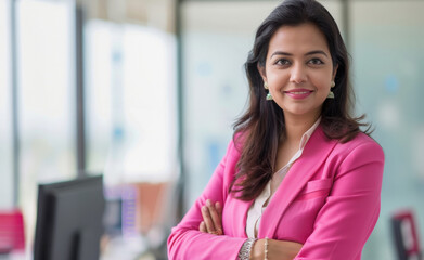 Fototapeta premium Young businesswoman in pink color suit standing confidently