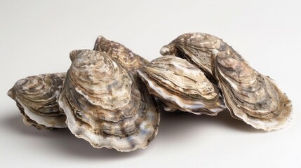 A cluster of fresh, raw oysters on a white background.