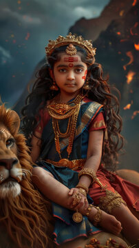 indian little girl in goddess durga costume