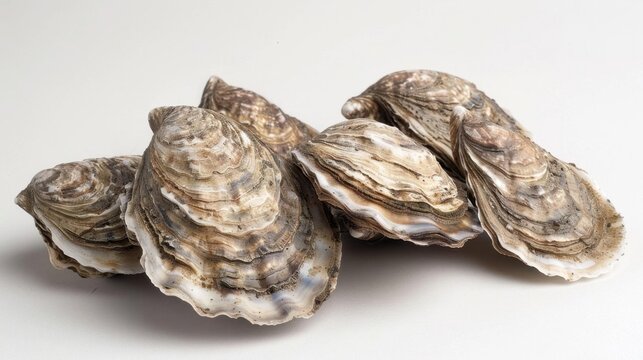 A cluster of fresh, raw oysters on a white background.